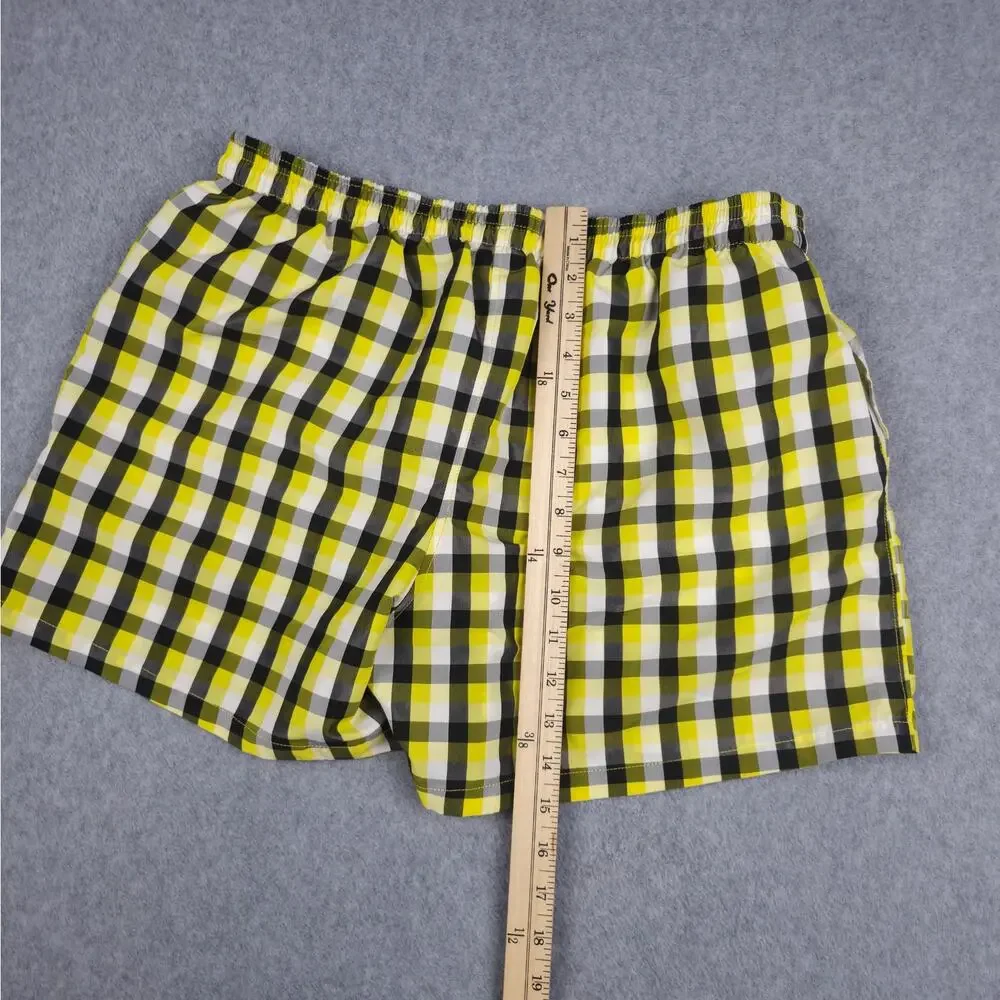 Primo Emporio Mens XL Yellow Black Plaid Swim Shorts Lined Pockets Drawstring